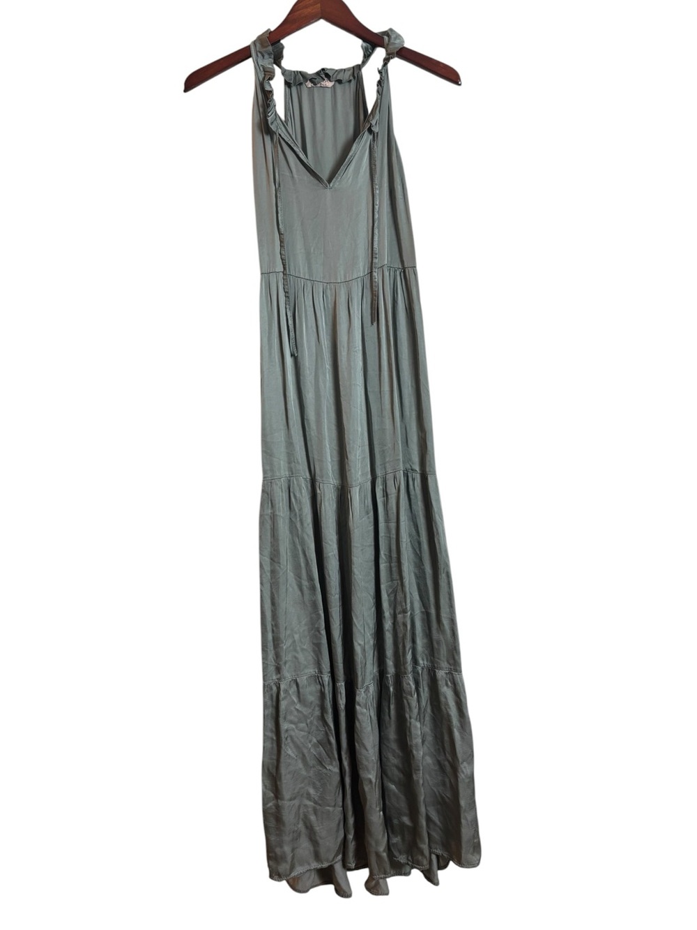 Sofia Made in Italy Pale Green Silky Tiered Bohemian Maxi Dress Size Small